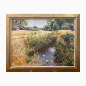 Graham Painter, English High Summer Riverbank Landscape, 1998, huile, encadré