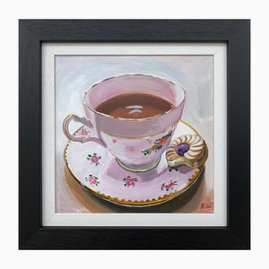 Angela Wakefield, Still Life Painting of English Bone China Tea Cup & Biscuit by British Artist, 2019