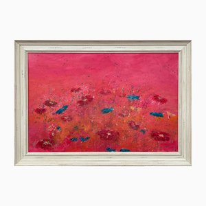 Angela Wakefield, Abstraktes Türkis & Rote Blumen auf Rosa Hintergrund, 2021, Acryl, Gerahmt