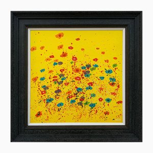 Angela Wakefield, Abstract Red, Pink & Blue Flowers on Yellow Background, 2001, Acrylic on Canvas, Framed