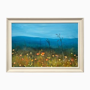 Angela Wakefield, Wild Yellow Flowers in Meadow Moorland Landscape, 2022, Paint on Canvas, Framed