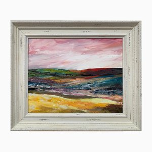Angela Wakefield, English Moor Landscape with Pink Sky, 2020, Acrylic on Canvas, Framed