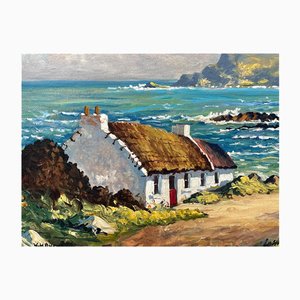William Henry Burns, Escena costera con cabaña en Glen Head, Irlanda, 1985, pintura al óleo