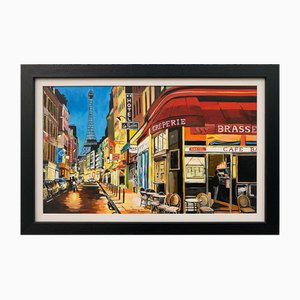Angela Wakefield, Paris Café with Eiffel Tower, 2019, Paint on Canvas, Framed