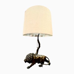 Antique Spelter Bronze Lion and Tree Table Lamp, 1890s