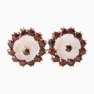 Vintage 8k Yellow Gold Daisy Earrings with Garnets and Rock Crystal, 1960s, Set of 2