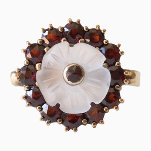 Vintage 8k Yellow Gold Daisy Ring with Garnets and Rock Crystal, 1960s