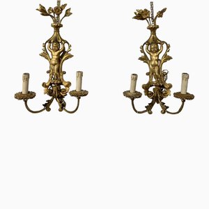 Wandlampen aus geschnitztem und goldenem Holz, 19. Jh., 2er Set