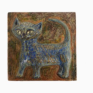 Dicke quadratische Keramik-Wandfliese mit Blauer Katze in Relief