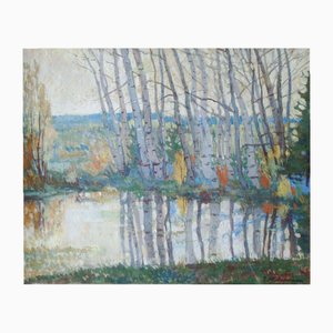 Georg Matveev, Paesaggio con betulle, anni '60, Olio su tela