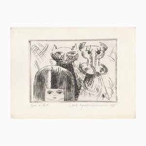 Lev Kropivnitsky, The Girl, Cat and Cow, 1970s, Etching