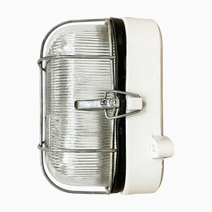 Industrial White Porcelain Cage Wall Light with Ribbed Glass, 1970s