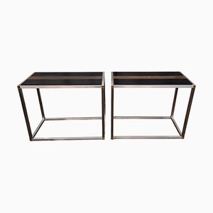 Consoles in Brushed Steel, Brass and Ebony, 1970s, Set of 2