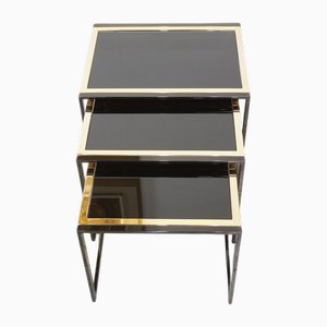 Nesting Tables in Black with Gold-Plated Metal Foot, 1970s, Set of 3
