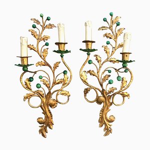 Gilded Metal and Lacquered Green Wall Lights in the style of Maison Baguès, 1950, Set of 2