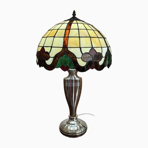 Tiffany Model Lamp in Silver, Root Wood & Cathedral Glass, Italy, 1989
