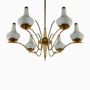 Lustre Mid-Century à Six Lumières en Or et Ivoire attribué à Stilnovo, Italie, 1960s