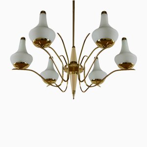 Mid-Century Italian Six Lights Gold and Ivory Chandelier attributed to Stilnovo, 1960s