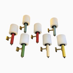 Mid-Century Modern Italian Wall Sconces in Brass and Glass, 1960s, Set of 7