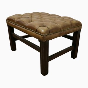Deeply Buttoned Chesterfield Tan Leather Library Stool