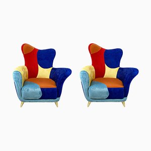 Asymmetrical Armchairs in Multicolored Fabric, Set of 2