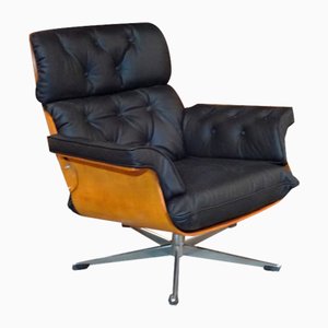 Plywood Black Leather Swivel Chair attributed to Martin Stoll for Girefex Ag, 1960s