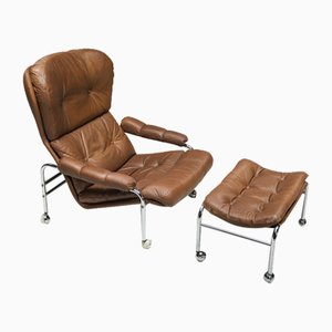 Set of Swedish Lounge Chair and Ottoman in Chrome and Brown Leather by Scapa Rydaholm, 1960s