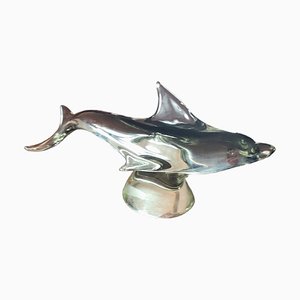 Vintage Murano Crystal Sculpture of a Shark on Glass by Seguso, 1980s