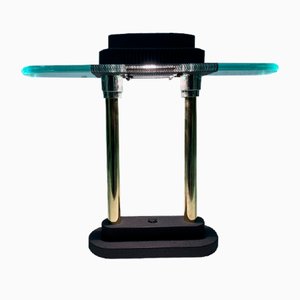 Lámpara de mesa halógena de vidrio cromado y latón, años 80