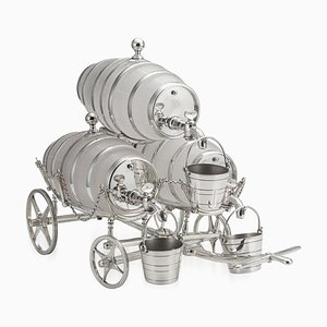 Carrito con forma de barril victoriano antiguo de vidrio escarchado y plata, 1880