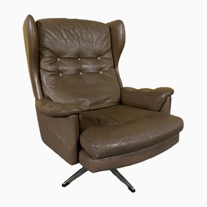 Danish Brown Leather Swivel Chair, 1960s
