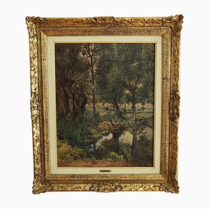 Jules Crosnier, Prairie aux environs de Genève, 1893, Watercolor & Gouache on Canvas, Framed