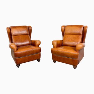 Vintage Cognac Leather Wingback Armchairs from Assen, Set of 2