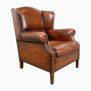 Fauteuil à Oreilles Vintage en Cuir de Mouton Muylaert