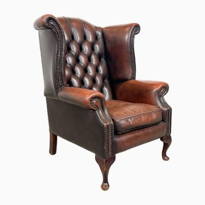 Vintage Rustic Chesterfield Wingback Armchair in Dark Brown Leather