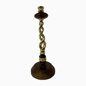Large Vintage Brass Candlestick with Wooden Details, 1930s