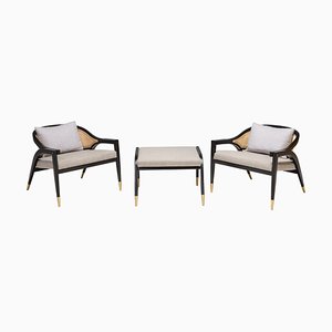 Modern Cane and Brass Armchairs & Footstool by Duistt Wormley, Set of 3