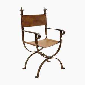 Curule Armchair in Wrought Iron and Leather, 1970s
