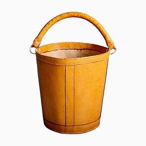 Danish Leather Paper Basket with Handle, 1960s