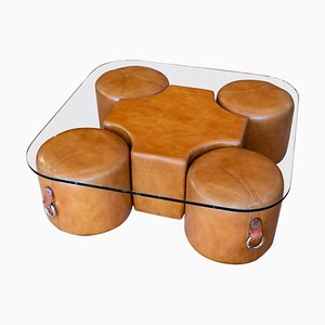 Coffee Table with Leather Poufs attributed to Guido Faleschini, Set of 6