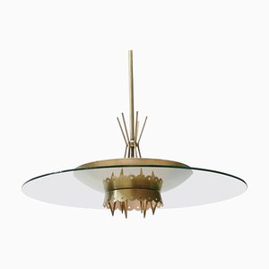 Italian Glass and Brass Saucer Ceiling Lamp, 1950s