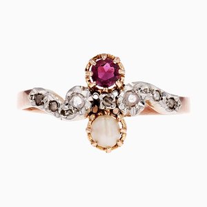 19th Century French Garnet Fine Pearl Diamonds 18 Karat Rose Gold Ring