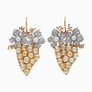 Aretes Cluster de oro rosa y blanco de 14 kt con diamantes, topacios y perlas, años 80. Juego de 2