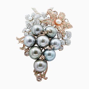 Rose Gold and Silver Brooch with Diamonds, Zavorite and Pearls, 1960s