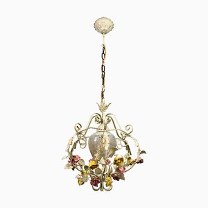 Hollywood Regency Metal and Glass Chandelier with Porcelain Roses, 1970s