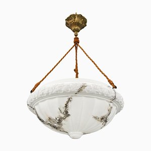 Art Deco French Marbled White Glass and Brass Pendant Light, 1950s