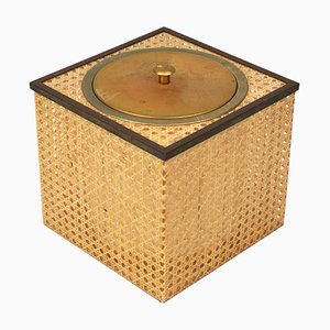 Secchiello per il ghiaccio a forma di cubo in acrilico, vimini e ottone nello stile di Christian Dior, anni '70