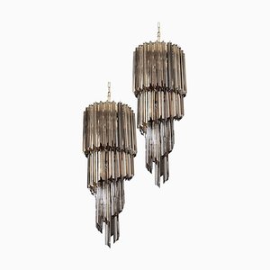 Murano Glass Spiral Chandeliers with 54 Quadriedri Smoked Prisms, 1980s, Set of 2