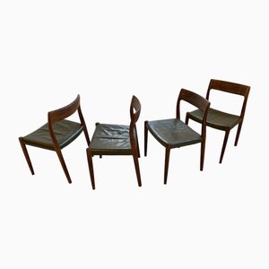 Model 77 Dining Room Chairs with Rio-Panel & Green Skai Leather by J. L. Møller, 1950s, Set of 4