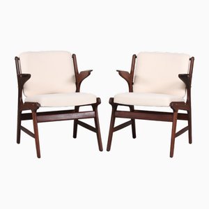 Teak Armchairs with Light Colored Fabric by Arne Hovmand Olsen, Denmark, 1960s, Set of 2